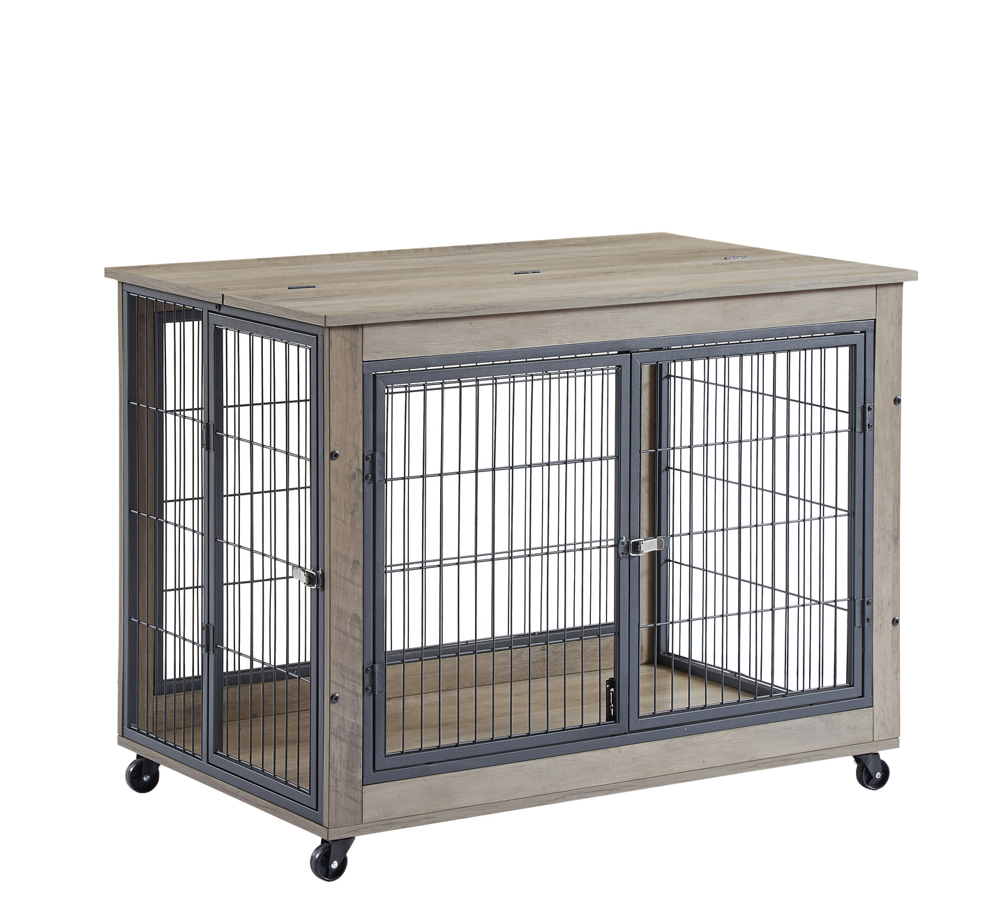 Furniture Style Dog Crate Side Table on Wheels with Double Doors and Lift Top.Grey,38.58''w x 25.5''d x 27.36''h