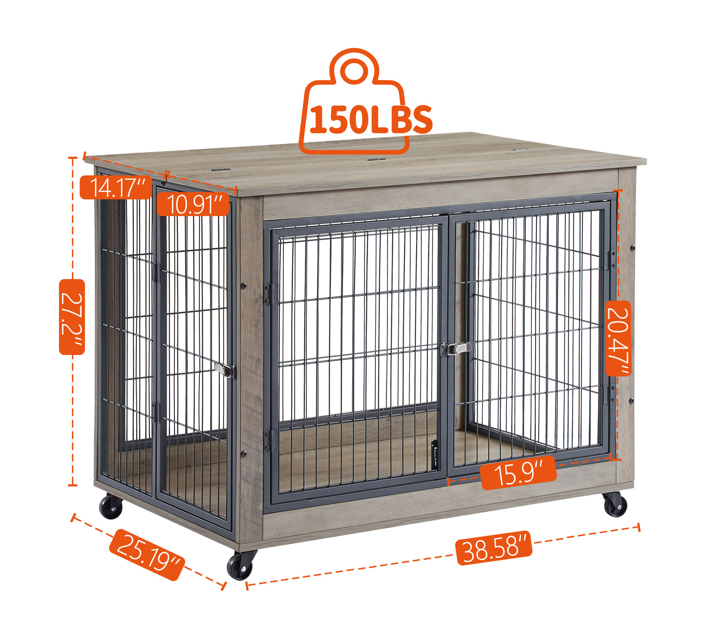 Furniture Style Dog Crate Side Table on Wheels with Double Doors and Lift Top.Grey,38.58''w x 25.5''d x 27.36''h