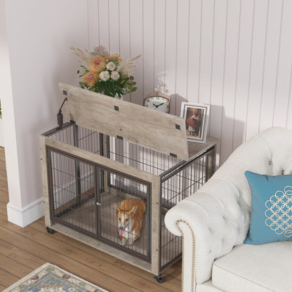 Furniture Style Dog Crate Side Table on Wheels with Double Doors and Lift Top.Grey,38.58''w x 25.5''d x 27.36''h