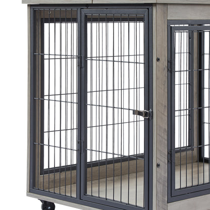 Furniture Style Dog Crate Side Table on Wheels with Double Doors and Lift Top.Grey,38.58''w x 25.5''d x 27.36''h