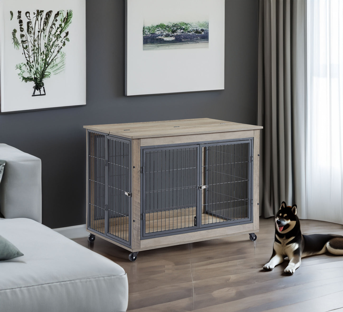 Furniture Style Dog Crate Side Table on Wheels with Double Doors and Lift Top.Grey,38.58''w x 25.5''d x 27.36''h